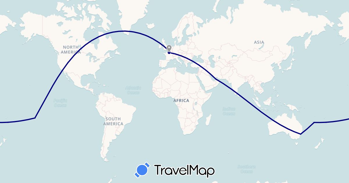 TravelMap itinerary: driving, plane in United Arab Emirates, Australia, France, United Kingdom, New Caledonia, French Polynesia, United States (Asia, Europe, North America, Oceania)